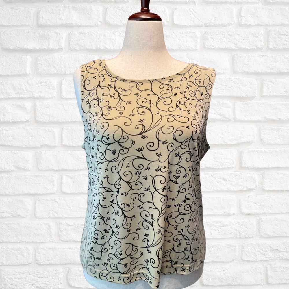 Hearts of Palm Beige & Black Floral Sleeveless Tank Top Women's Stretchy Blouse